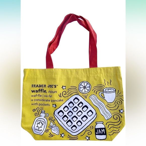 New Trader Joe’s waffle Yellow Tote Bag whimsical fun love never used - Picture 2 of 8